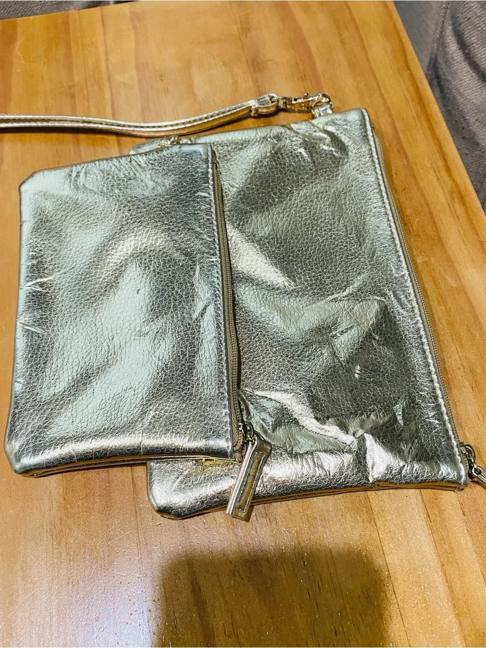 2- Gold Tone Metallic Women's Zip Clutch Bag